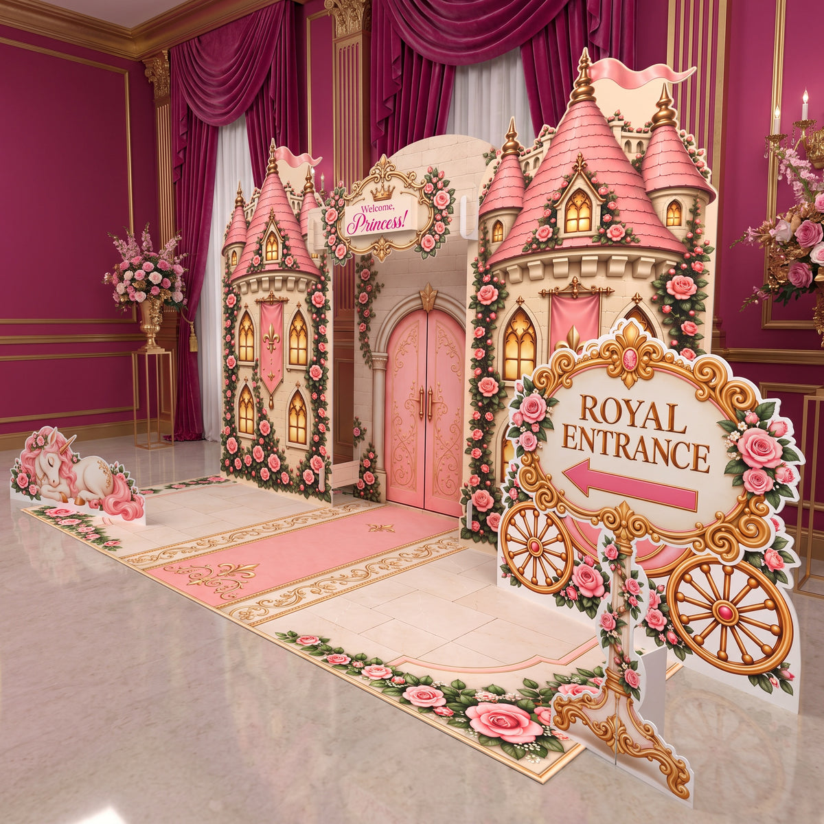 FoldWow Princess Castle complete scene with pink floor banner, carriage and Royal Entrance sign