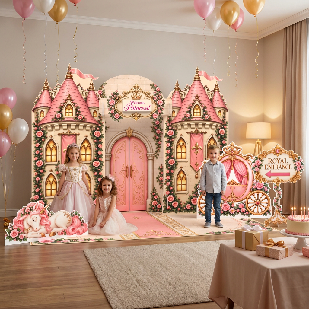 FoldWow Princess Castle backdrop at a birthday party with children in princess dresses, balloons and gifts