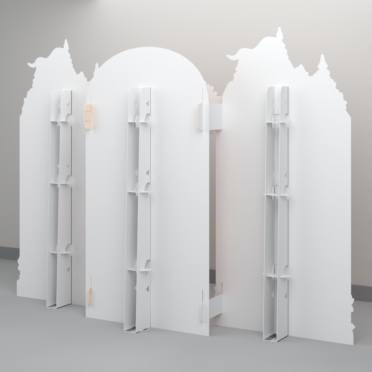 Rear view of the FoldWow Princess Castle backdrop showing built-in stands and support braces