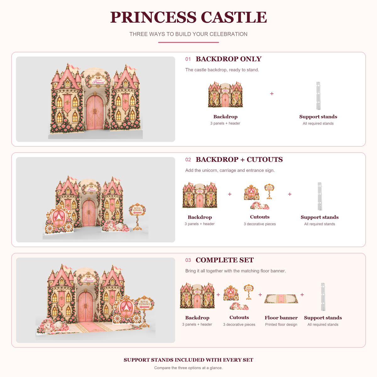 Princess Castle set options compared: Backdrop Only, Backdrop + Cutouts and Complete Set with included pieces