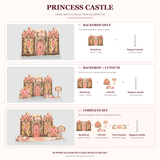Princess Castle set options compared: Backdrop Only, Backdrop + Cutouts and Complete Set with included pieces