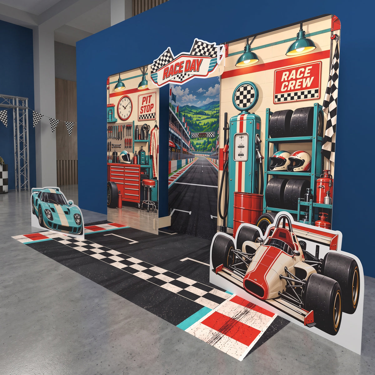 FoldWow Race Day race car birthday backdrop with pit stop garage, two car cutouts and starting grid banner
