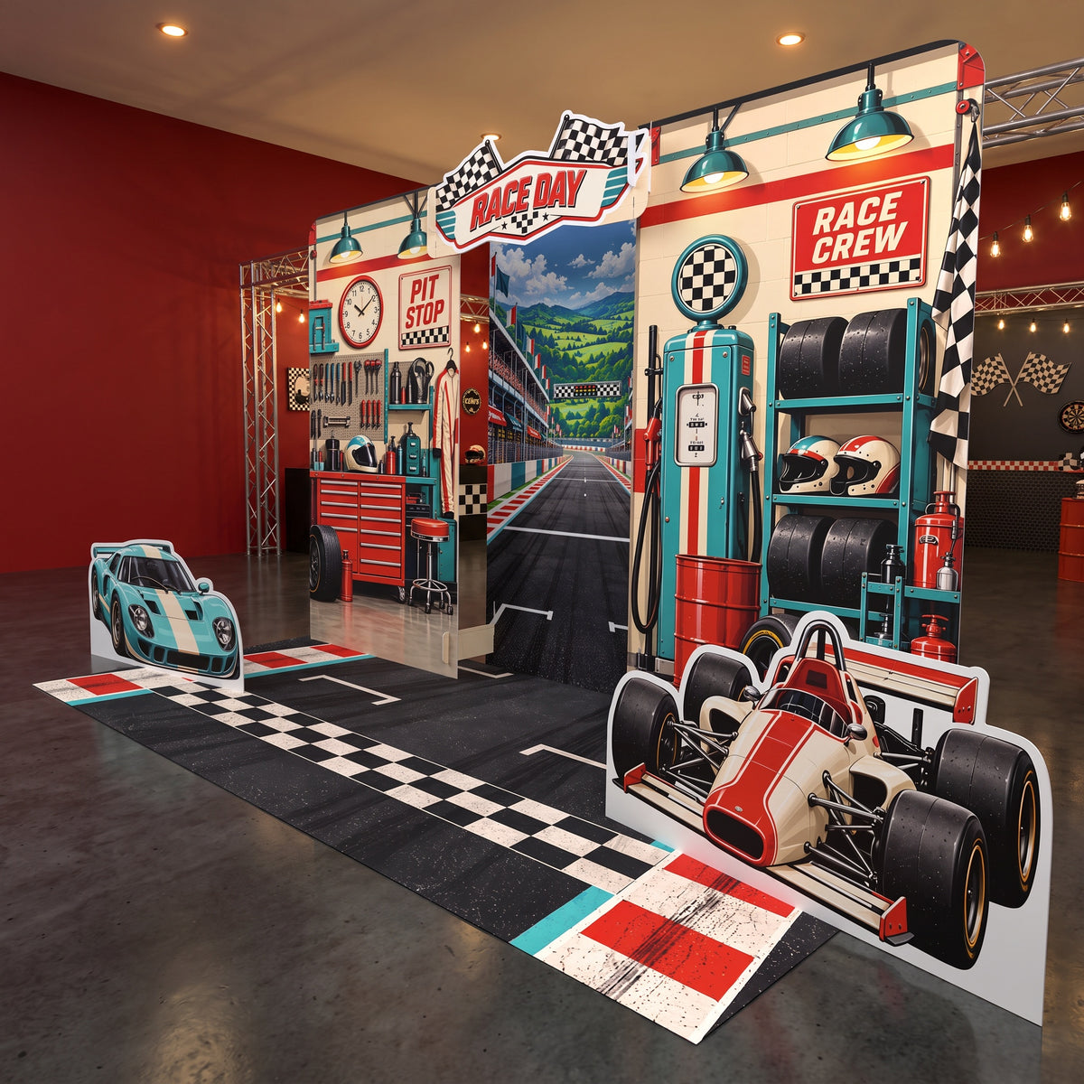 FoldWow race car party backdrop with open-wheel race car cutout and checkered starting line