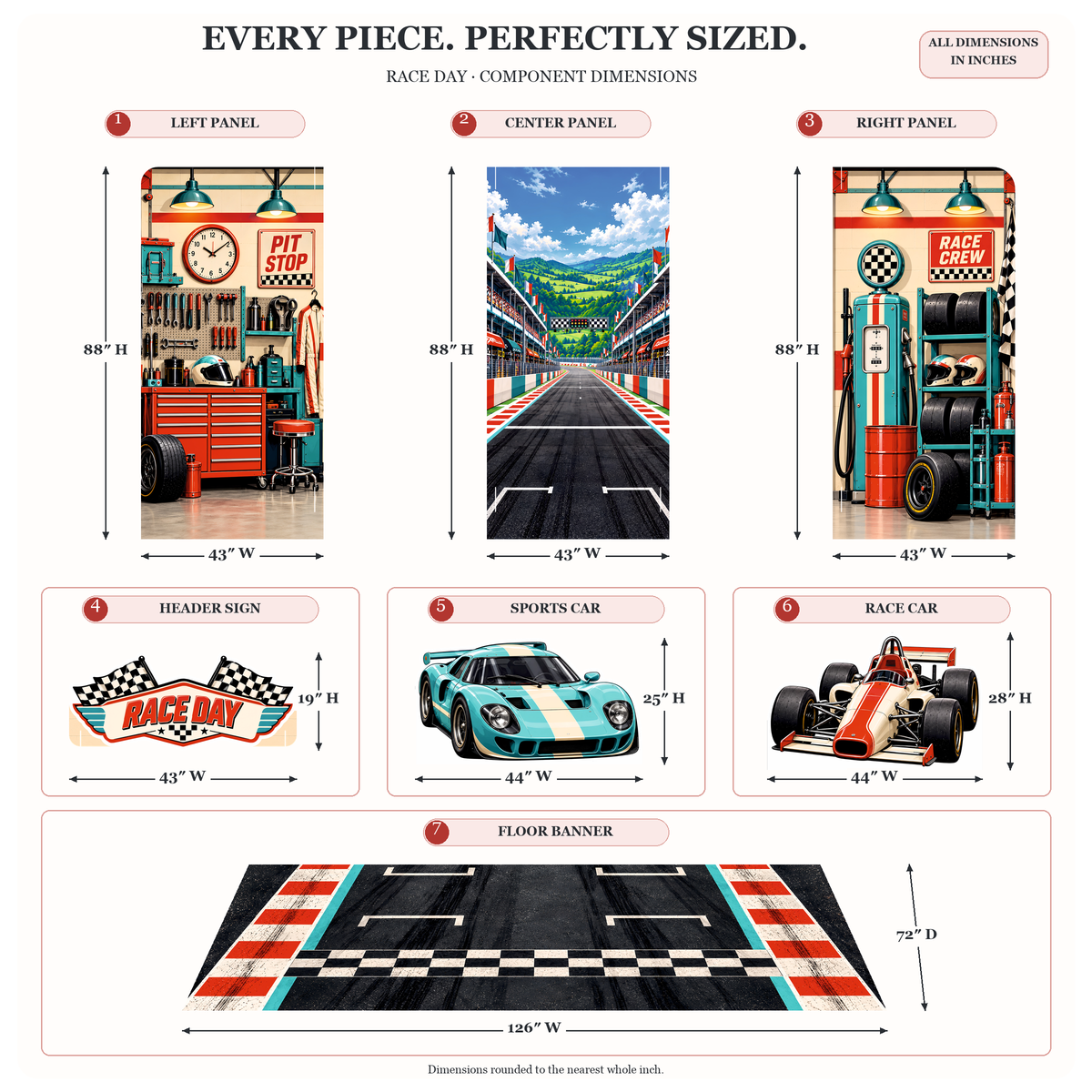 FoldWow Race Day dimensions: 88 in panels, 25 in sports car, 28 in race car, 126 x 72 in floor banner