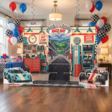 Race car birthday party with checkered balloons and the FoldWow Race Day backdrop