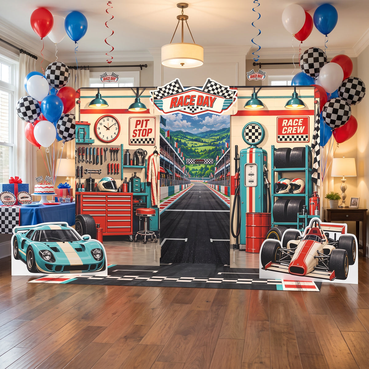 Race car birthday party with checkered balloons and the FoldWow Race Day backdrop
