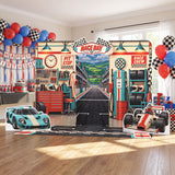 FoldWow Race Day backdrop with race car cutouts, balloons and a Happy Birthday banner