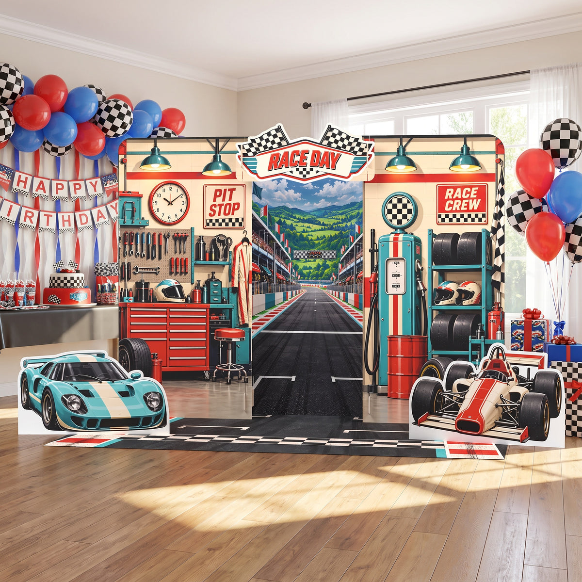 FoldWow Race Day backdrop with race car cutouts, balloons and a Happy Birthday banner