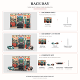 FoldWow Race Day three sets: Backdrop Only, Backdrop + Cutouts, Complete Scene