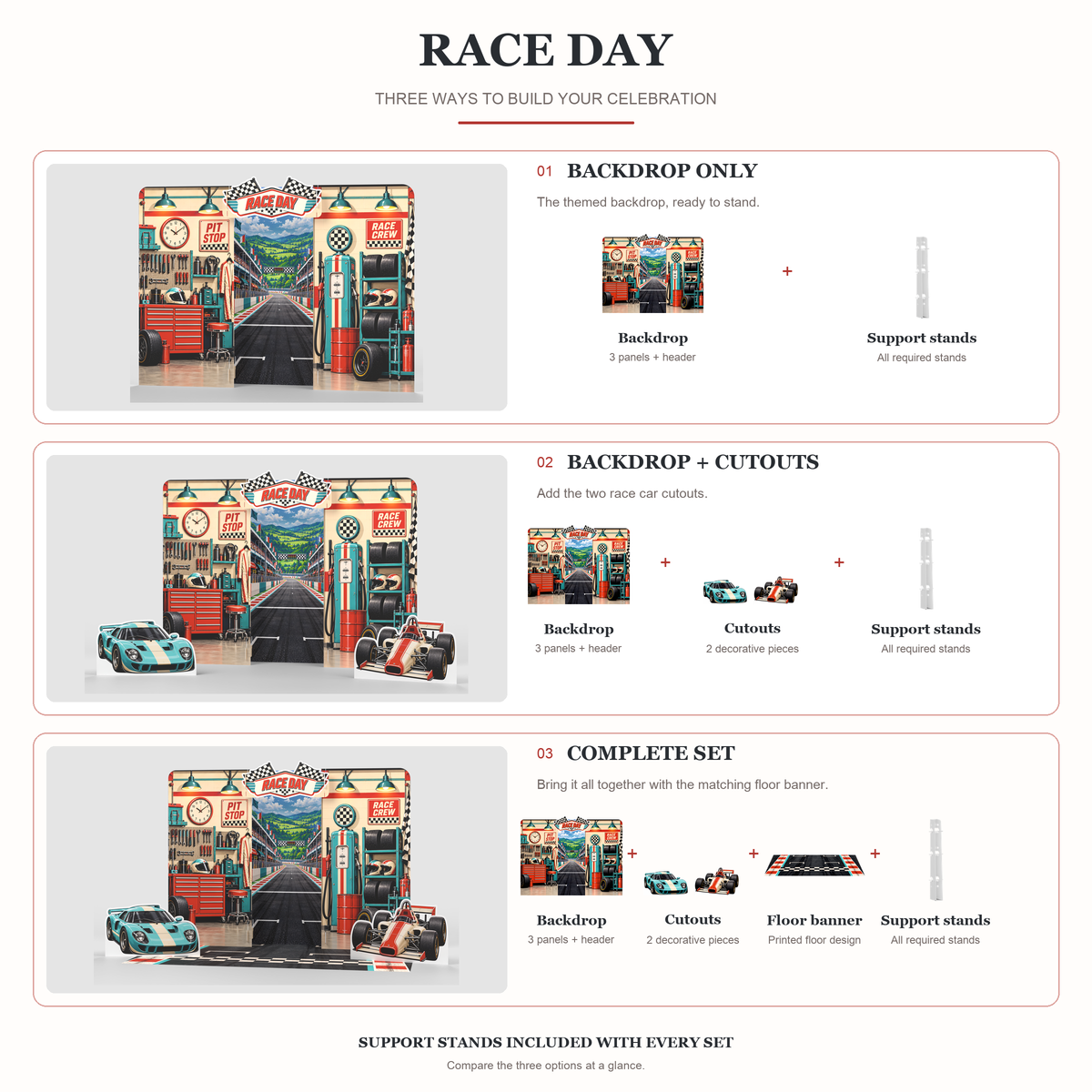 FoldWow Race Day three sets: Backdrop Only, Backdrop + Cutouts, Complete Scene