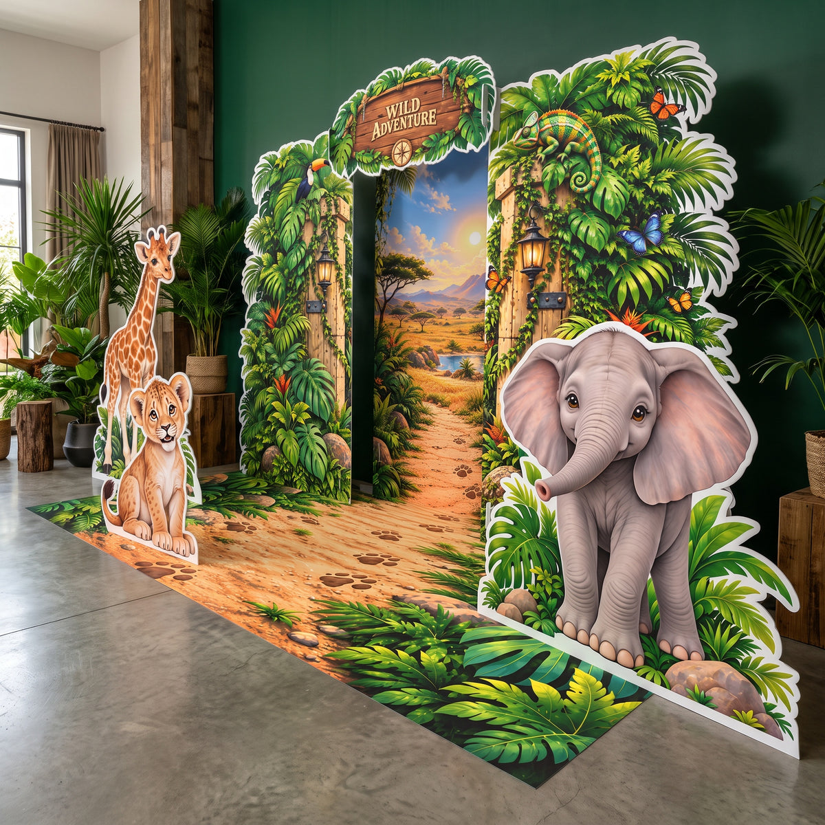 FoldWow Wild Adventure safari backdrop complete scene with giraffe, lion cub, elephant and jungle path floor banner