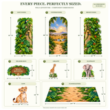 Wild Adventure component dimensions in inches: side panels 43 W × 87 H; center 43 W × 88 H; header 43 W × 21 H; giraffe 42 W × 65 H; elephant 41 W × 43 H; lion 31 W × 34 H; floor 126 W × 72 D.