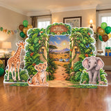 FoldWow Wild Adventure safari scene with giraffe, lion cub and elephant cutouts at a home birthday party