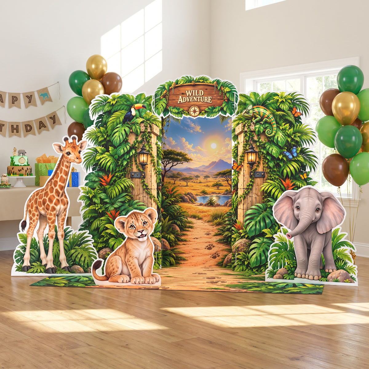 FoldWow Wild Adventure backdrop with balloons and safari animal cutouts at a birthday party