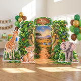 FoldWow Wild Adventure backdrop with balloons and safari animal cutouts at a birthday party