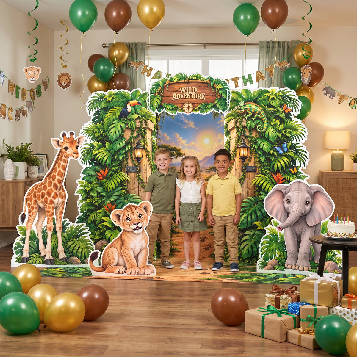 FoldWow Wild Adventure safari backdrop at a jungle birthday party with kids, balloons and gifts