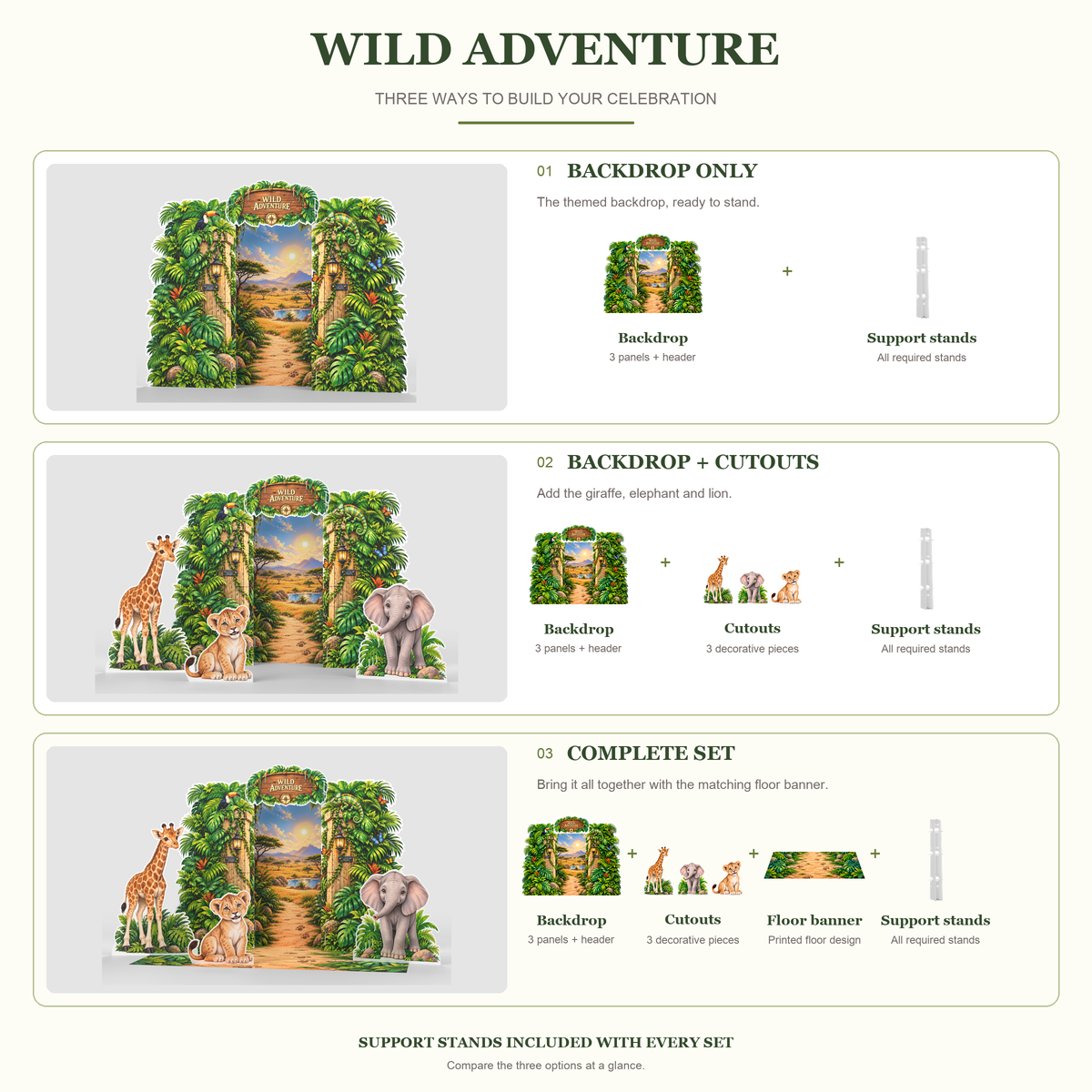 Wild Adventure set options compared: Backdrop Only, Backdrop + Cutouts and Complete Set with included pieces