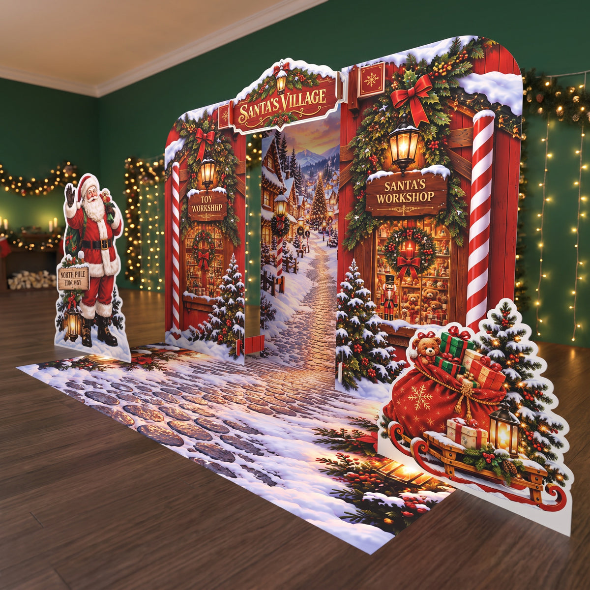 FoldWow Santa's Village Christmas photo backdrop with Santa, sleigh of gifts and snowy path banner