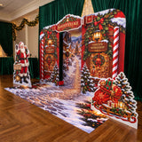 FoldWow Santa's Village Christmas backdrop with workshops, Santa cutout and snowy cobblestone banner