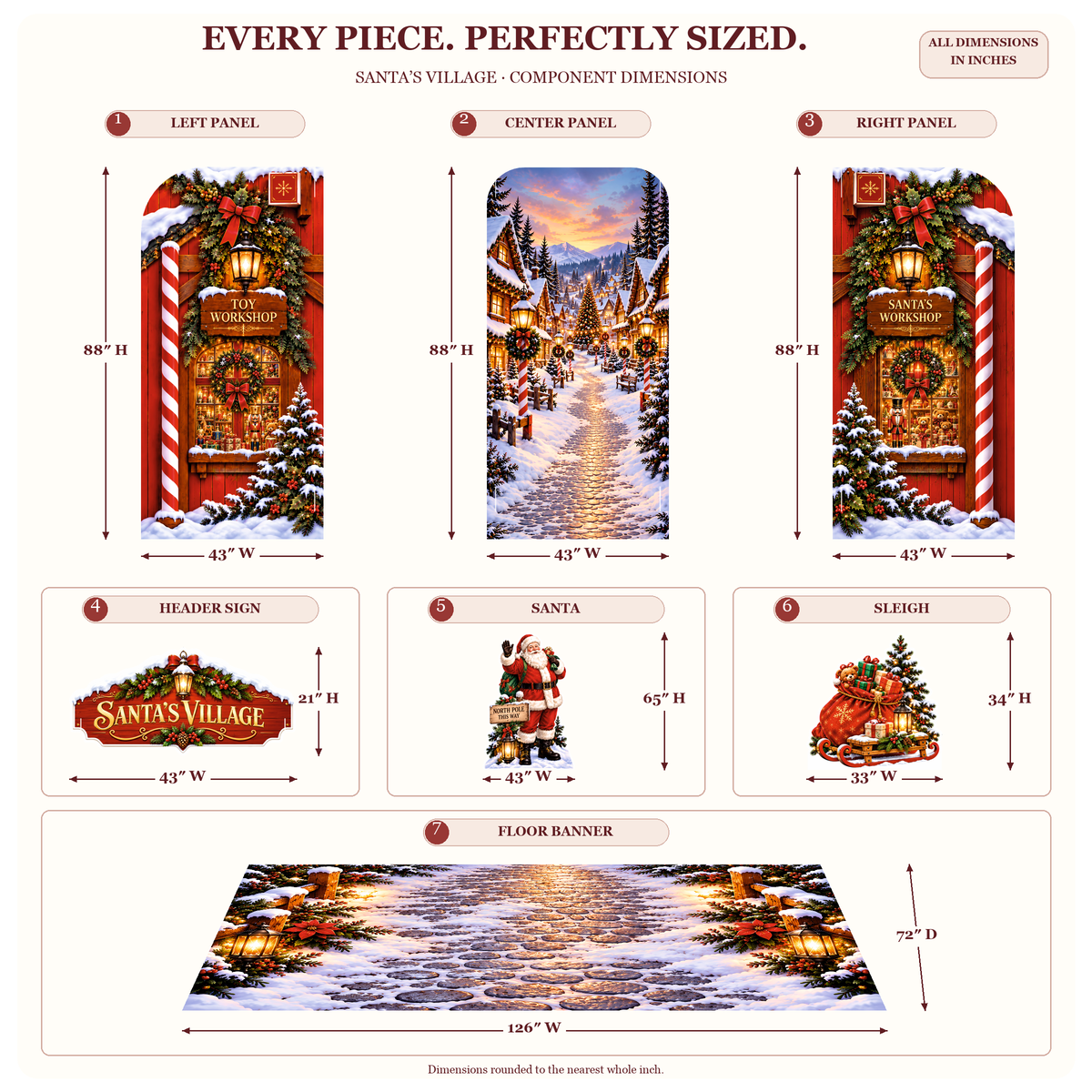FoldWow Santa's Village dimensions: 88 in panels, 65 in Santa, 34 in sleigh, 126 x 72 in floor banner