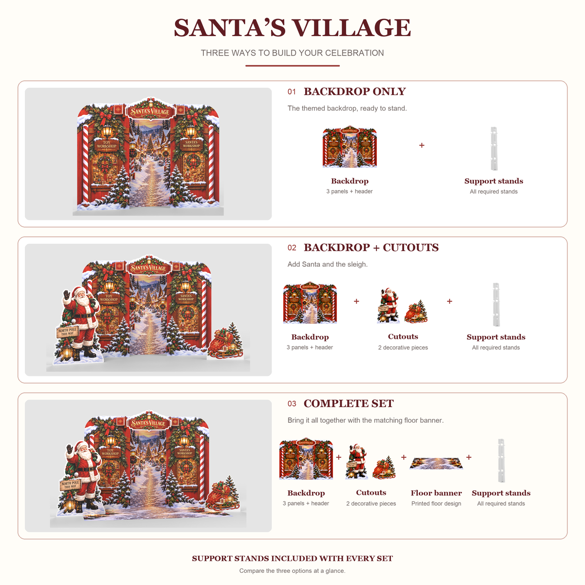 FoldWow Santa's Village three sets: Backdrop Only, Backdrop + Cutouts, Complete Scene