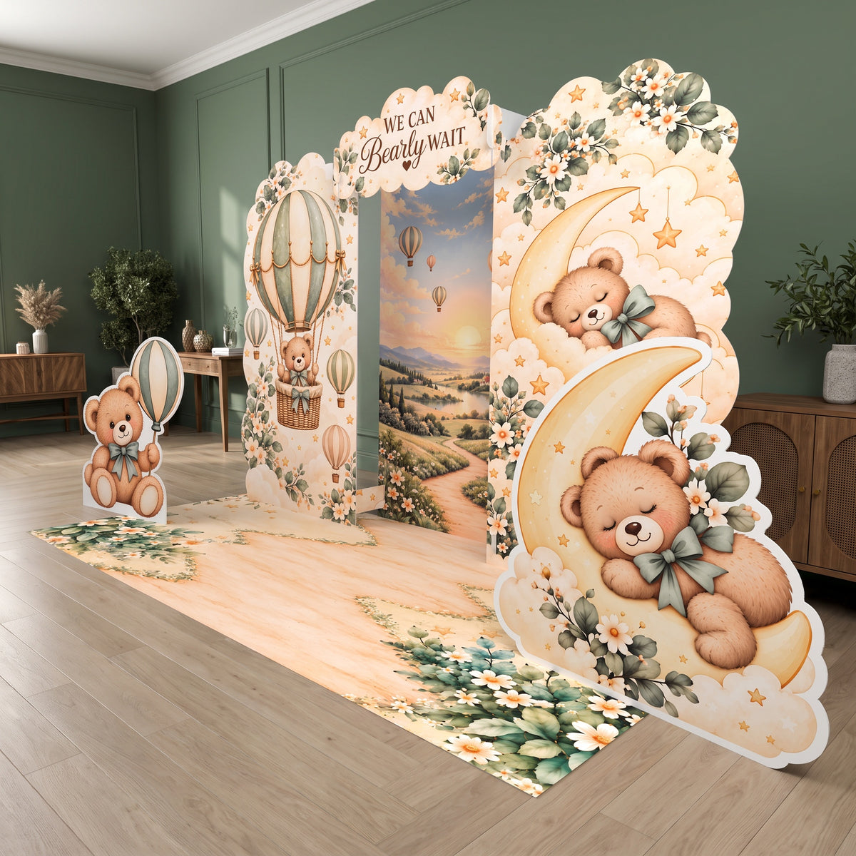 FoldWow Baby Bear teddy bear baby shower backdrop with hot air balloon and sleepy moon bear