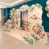 FoldWow Baby Bear backdrop with We Can Bearly Wait sign, bear cutouts and flower path banner