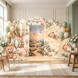 Teddy bear baby shower setup with FoldWow Baby Bear backdrop and sage balloons