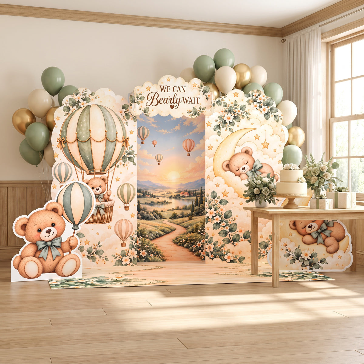 FoldWow Baby Bear hot air balloon backdrop at a neutral baby shower with balloon garland
