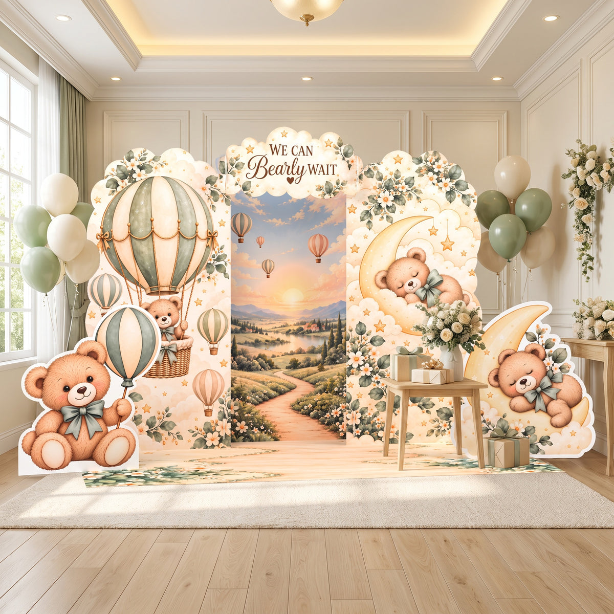 FoldWow Baby Bear backdrop with teddy bear cutouts in a bright party room