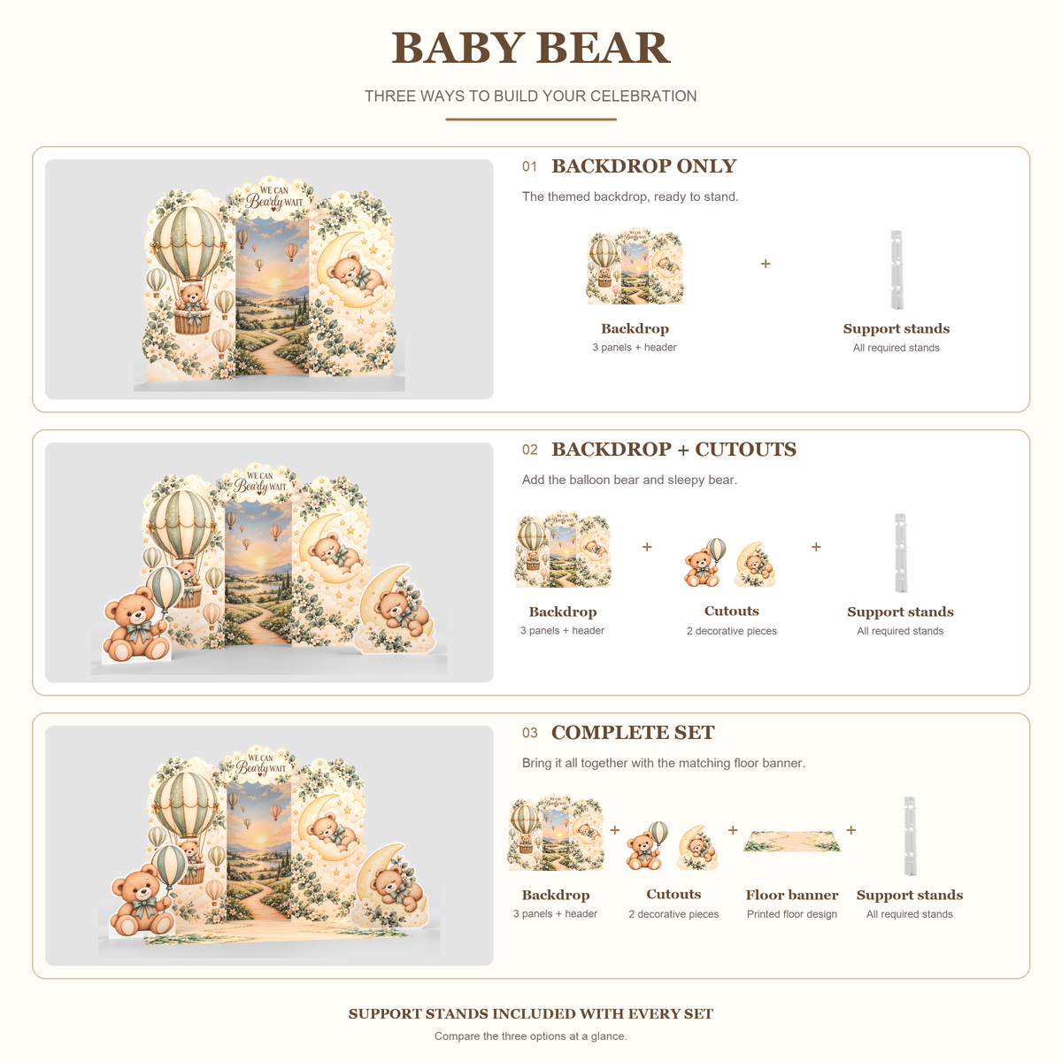 FoldWow Baby Bear three sets: Backdrop Only, Backdrop + Cutouts, Complete Scene