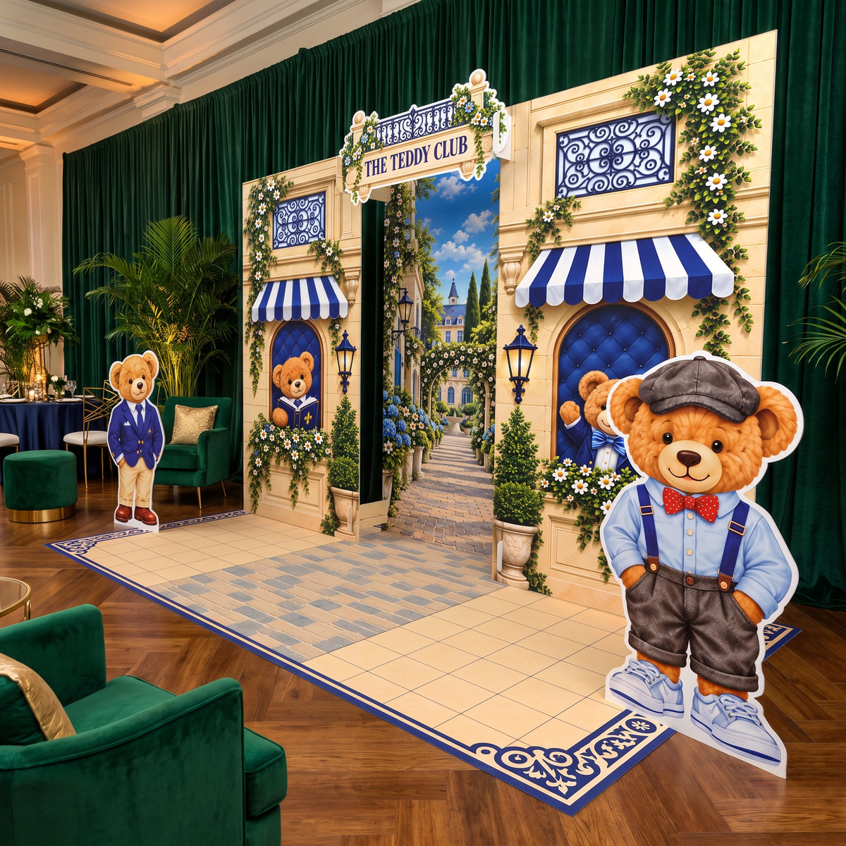 FoldWow The Teddy Club teddy bear birthday backdrop with two bear cutouts and tiled floor banner