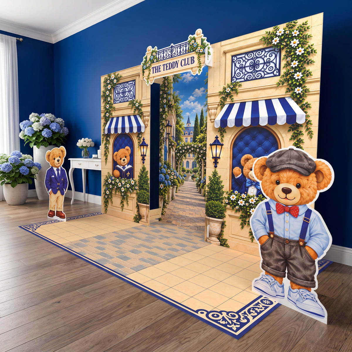 FoldWow teddy bear party backdrop with striped awnings, bear cutout and floor banner