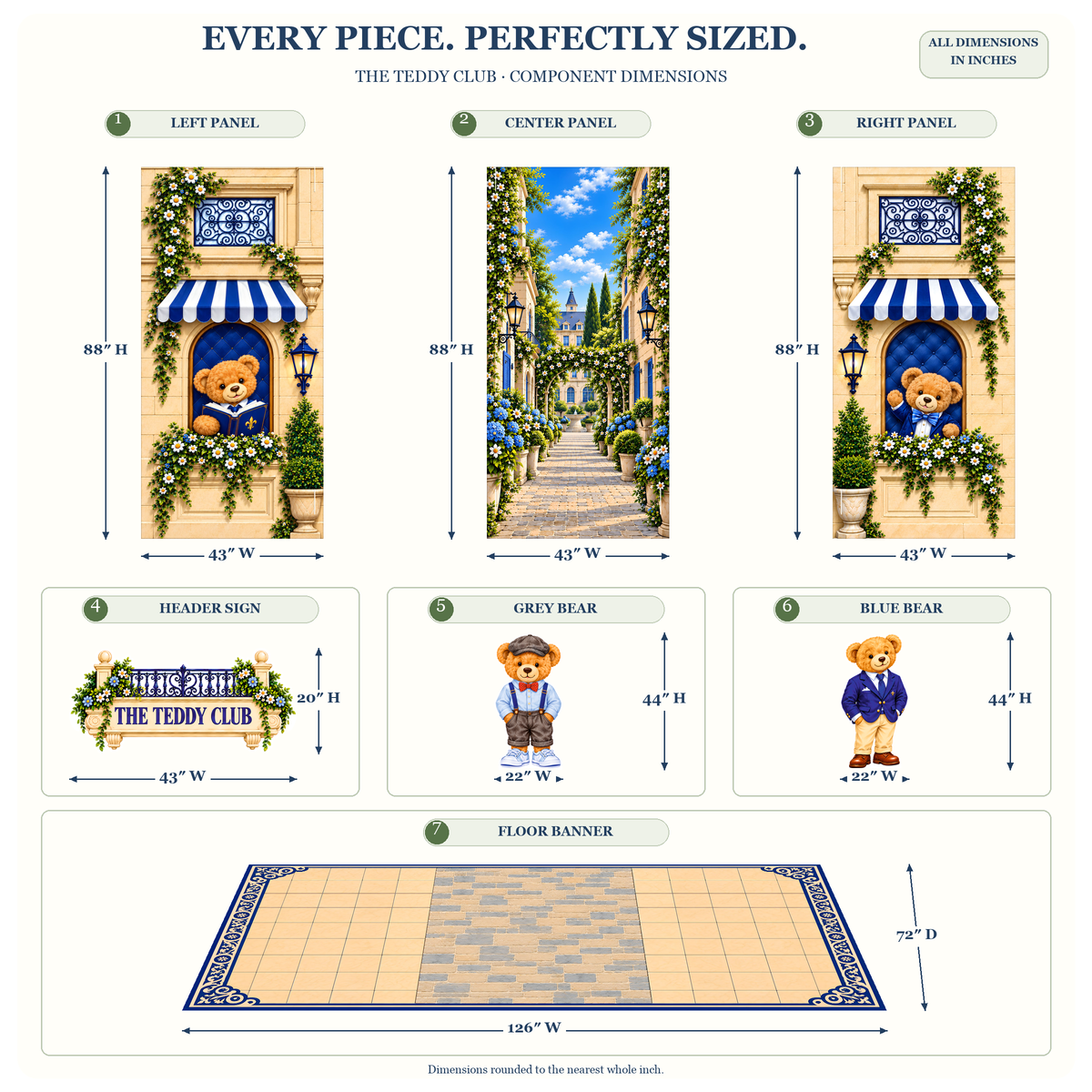 FoldWow Teddy Club dimensions: 88 in panels, two 44 in teddy bear cutouts, 126 x 72 in floor banner