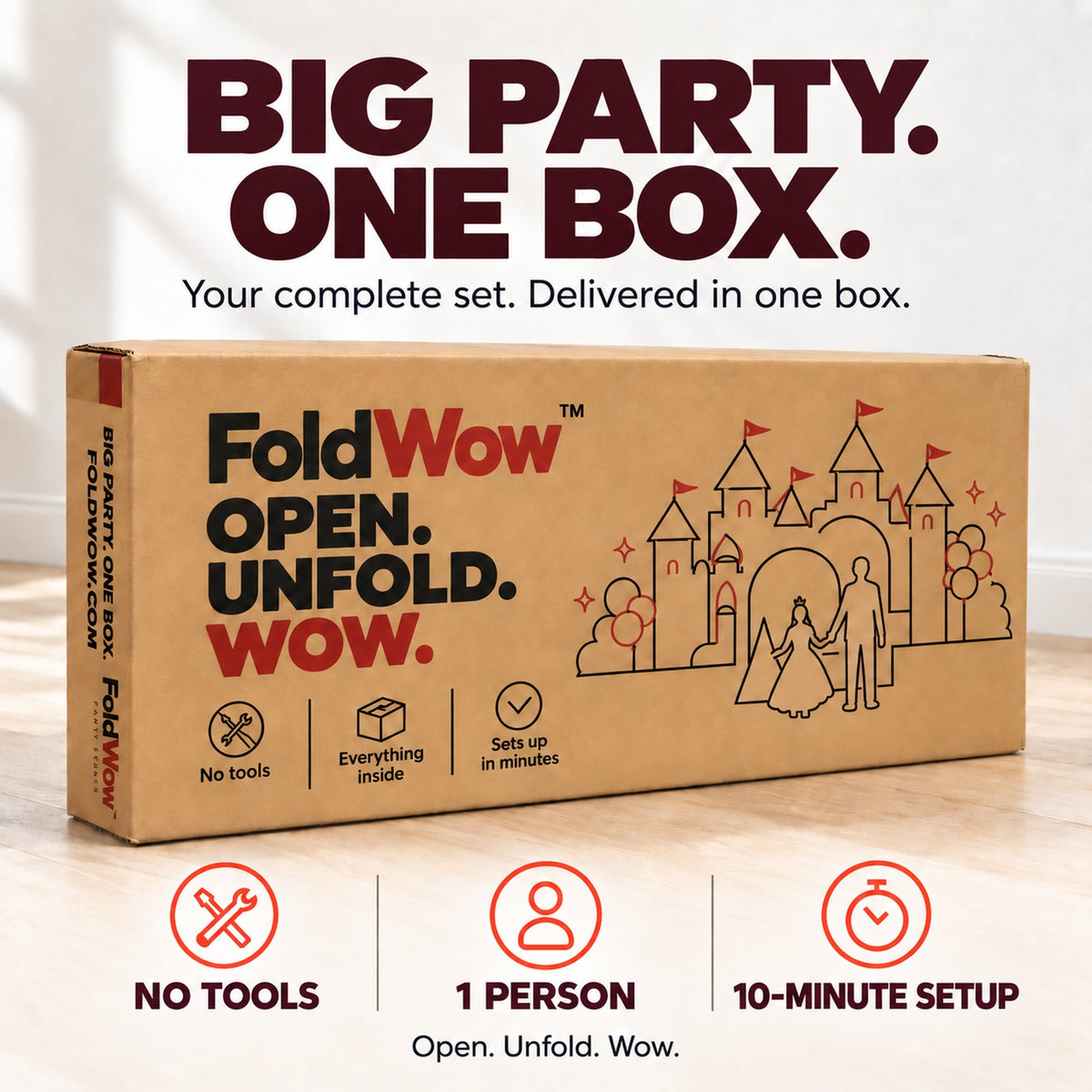 Big party. One box. FoldWow The Teddy Club backdrop set packs flat in one box