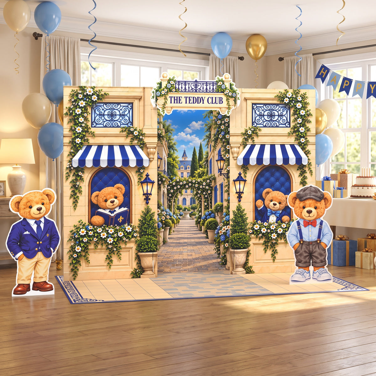 Teddy bear birthday party with blue and gold balloons and the FoldWow Teddy Club backdrop