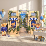 FoldWow The Teddy Club backdrop with teddy bear cutouts, cake table and balloons
