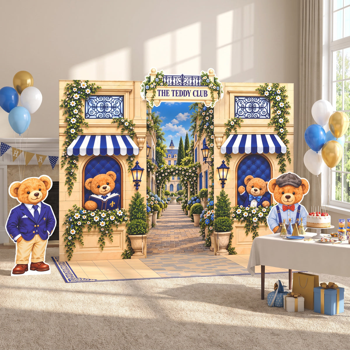 FoldWow The Teddy Club backdrop with teddy bear cutouts, cake table and balloons
