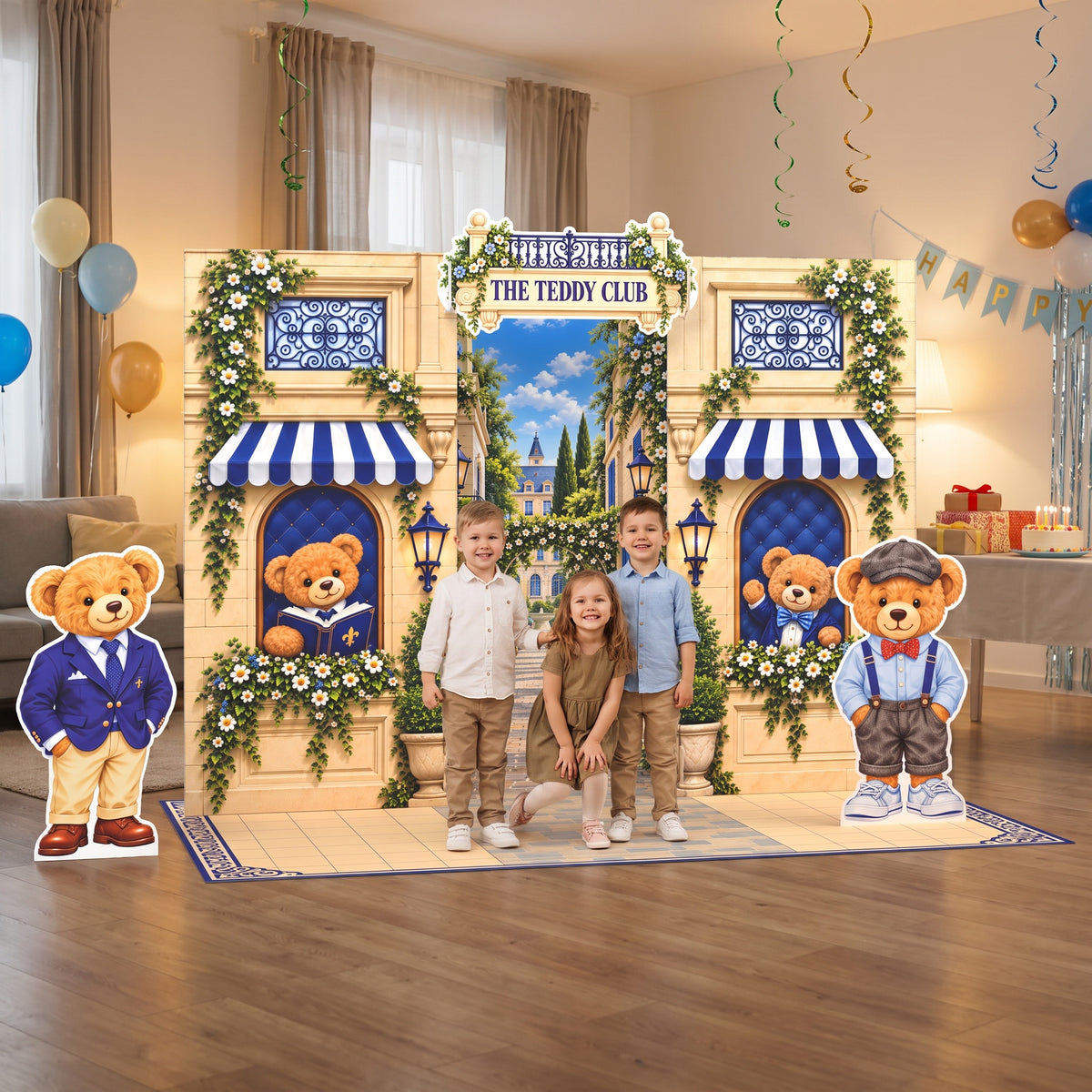 Kids posing in front of the FoldWow Teddy Club teddy bear birthday backdrop