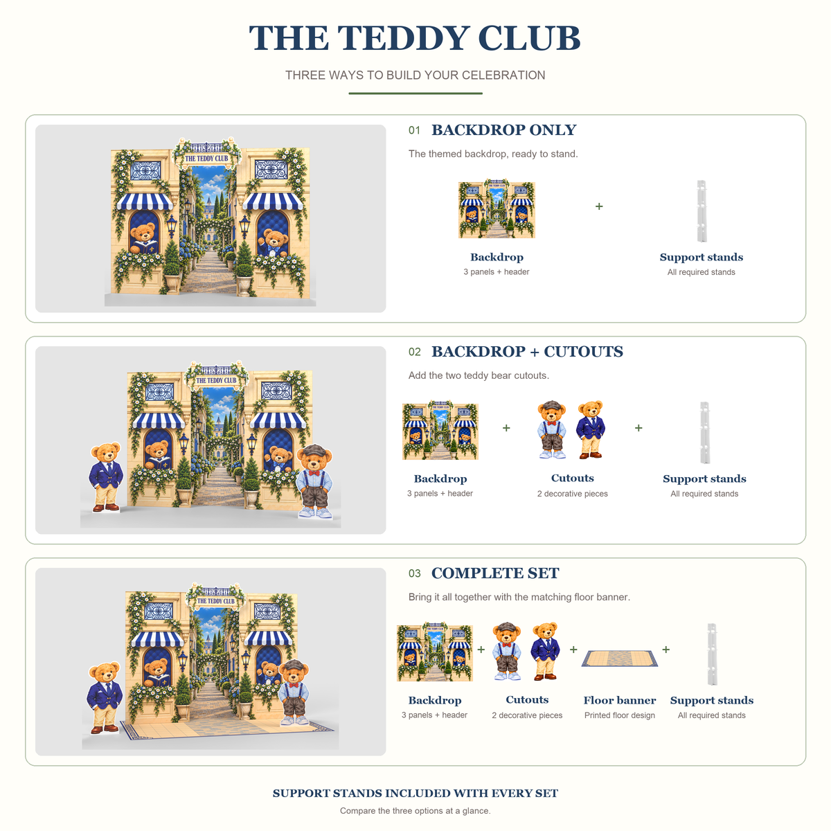 FoldWow The Teddy Club three sets: Backdrop Only, Backdrop + Cutouts, Complete Scene