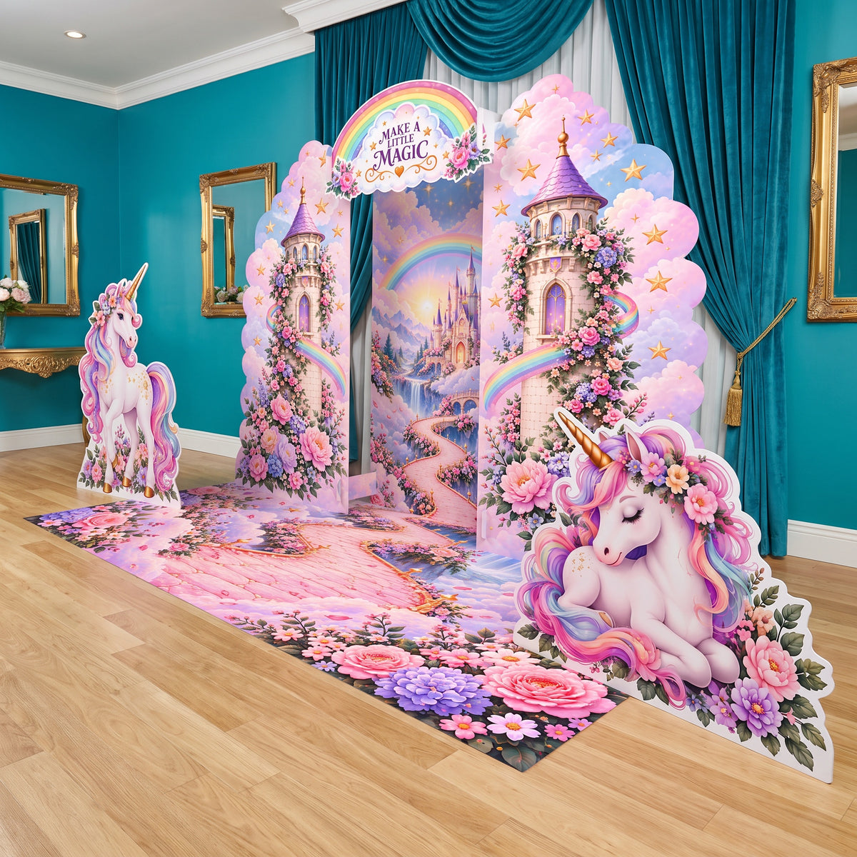 FoldWow Unicorn Magic rainbow birthday backdrop set with unicorn cutouts and floral floor banner
