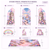 FoldWow Unicorn Magic backdrop dimensions: panels, unicorn cutouts and 126 x 72 in floor banner