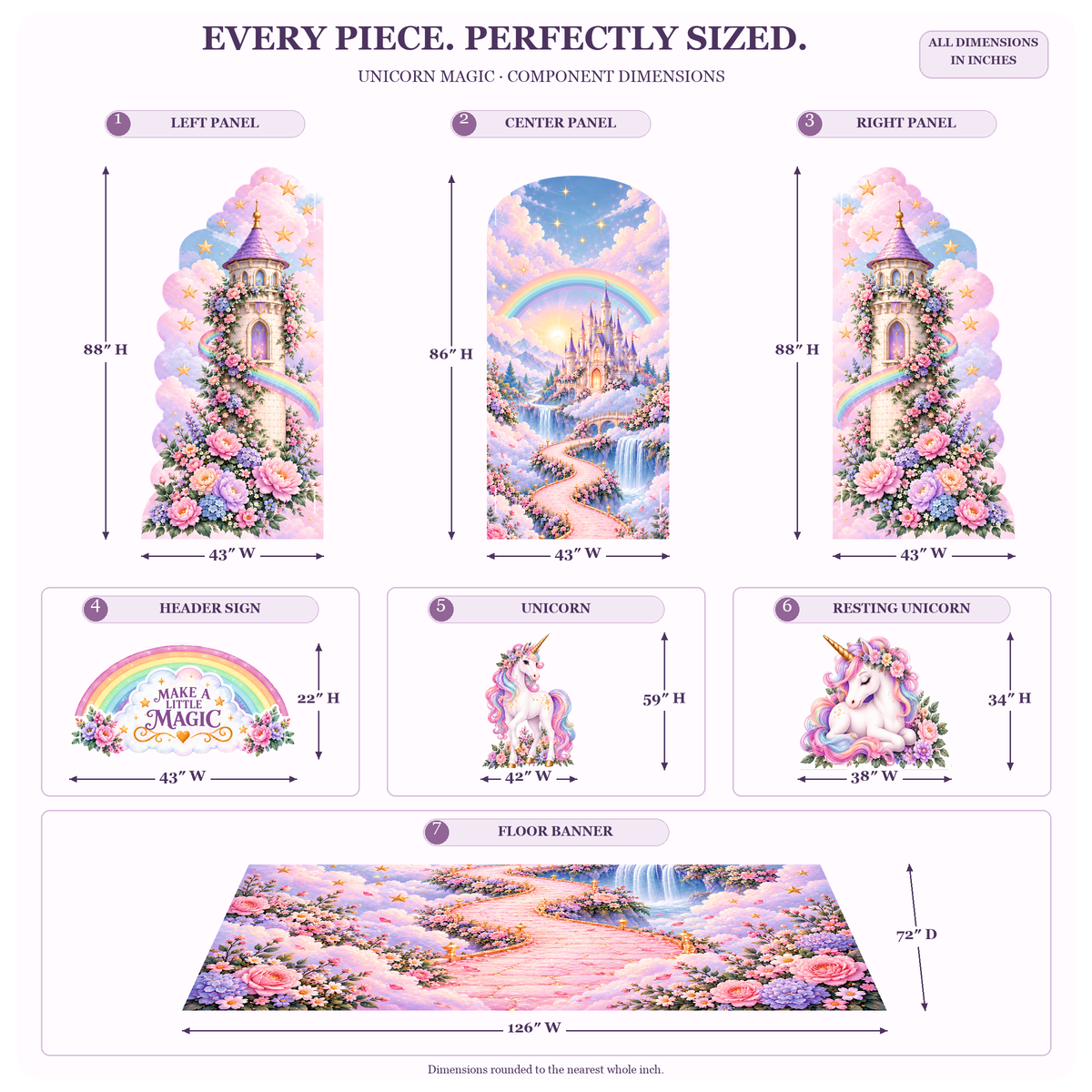 FoldWow Unicorn Magic backdrop dimensions: panels, unicorn cutouts and 126 x 72 in floor banner