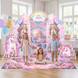 Kids playing on the floral floor banner of the FoldWow Unicorn Magic backdrop