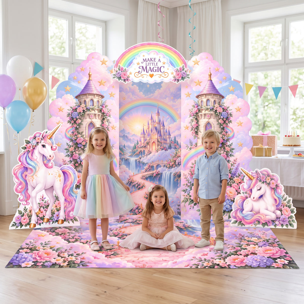 Kids playing on the floral floor banner of the FoldWow Unicorn Magic backdrop