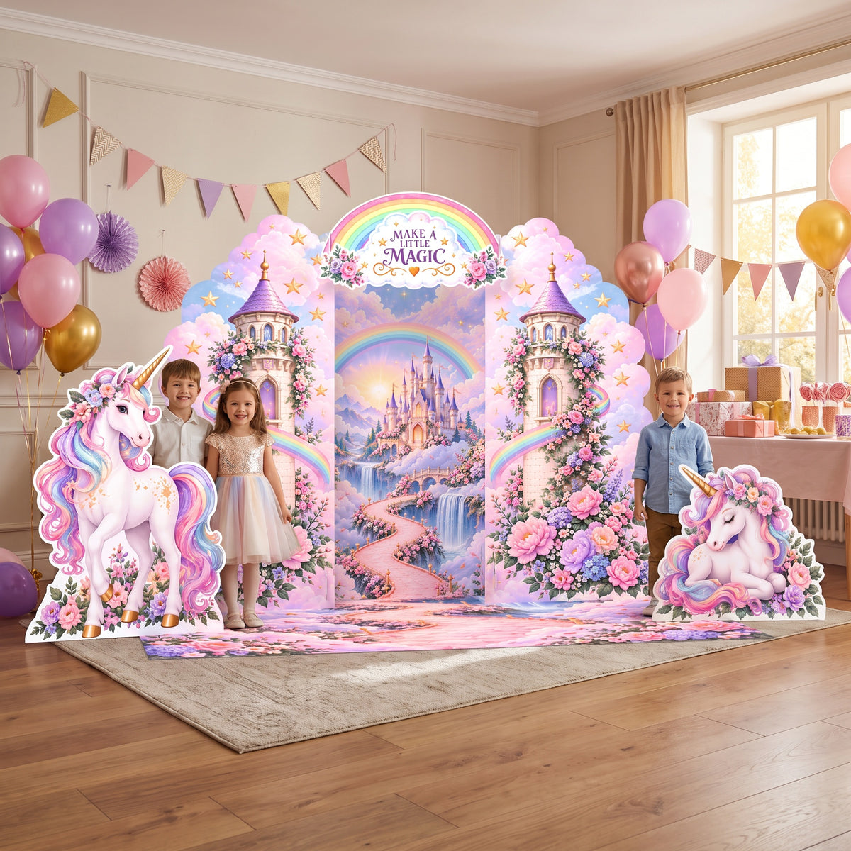 Kids celebrating a unicorn birthday in front of the FoldWow Unicorn Magic backdrop