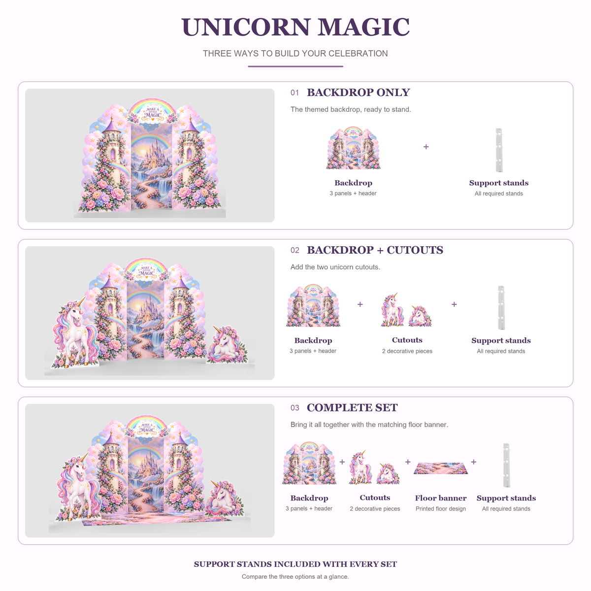 FoldWow Unicorn Magic three sets: Backdrop Only, Backdrop + Cutouts, Complete Scene